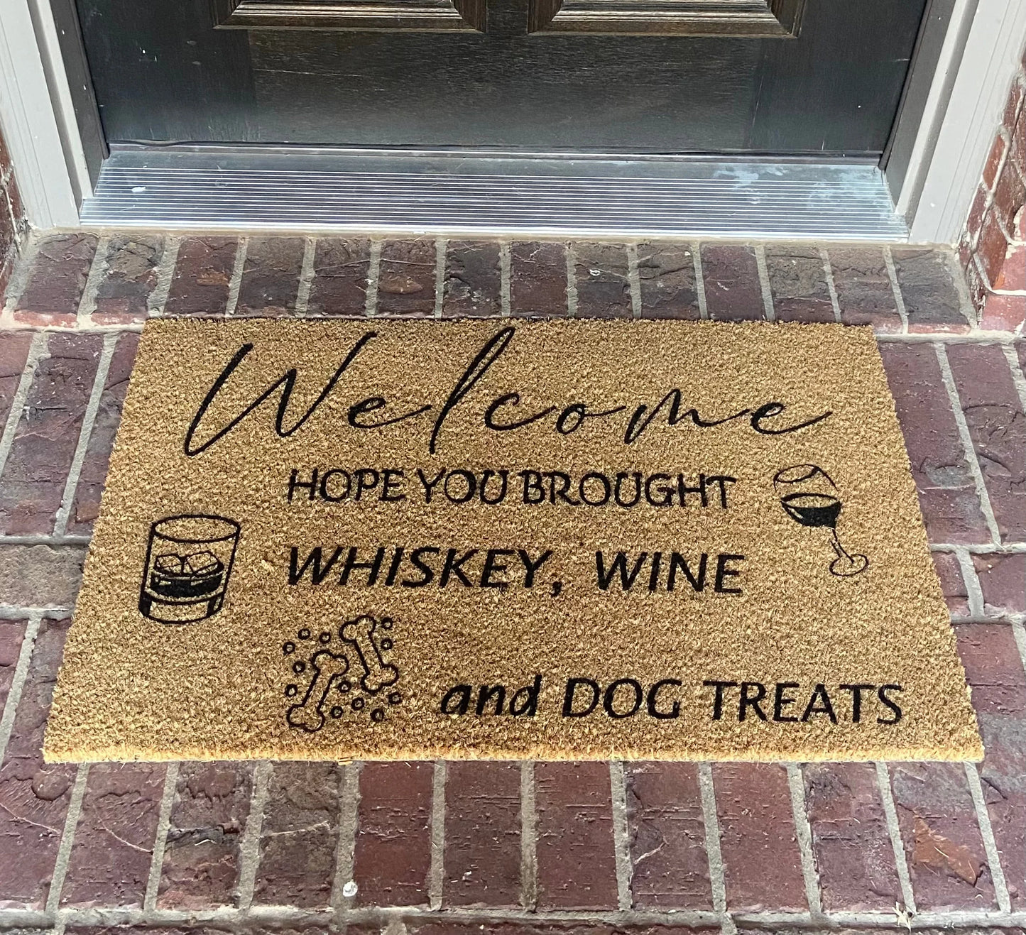 Wine, Whiskey, and Dog Treats Painted Coir Doormat