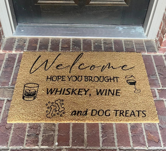 Wine, Whiskey, and Dog Treats Painted Coir Doormat