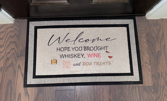 Wine, Whiskey, and Dog Treats Printed Grey Doormat